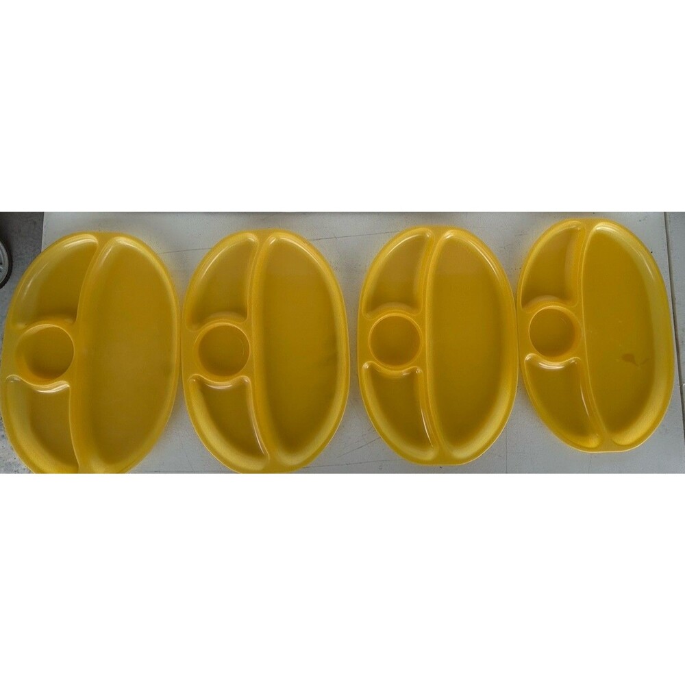 Vintage 1970s Yellow Plastic Divided Snack Trays Cup Holder Plates Set of 4